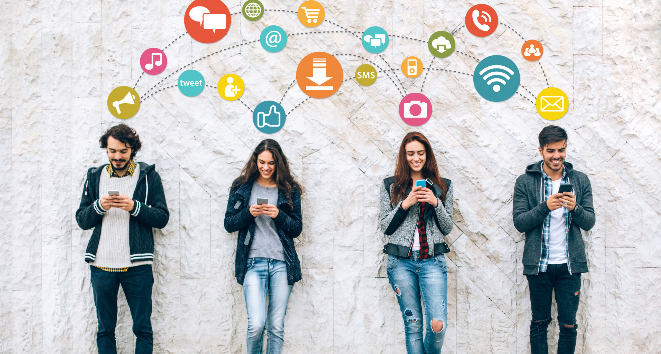 4-people-in-row-smiling-at-phones-with-icons-above-head